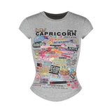 Cartoon Print Short Sleeves Front Shoulder T-Shirt Girl Summer New Body Repair Small Man Waist Tight Short Round Collar Top