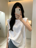 Can Shoulder White T-Shirt Women Sleeveless Summer Korean Version Of Loose Round Neck Solid Color Net Version Wide Shoulder Outside Wearing Waistcoat