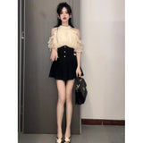 2026 Summer New Pearl Hanging Shoulder Temperament Bright Silk Chiffid Dress Women Waist Short Skirt Two Sets