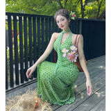 French Wave Dots With Hanging Neck Dress Women's Summer Temperament Green Dress Baged Hip Skirt Holiday Dress