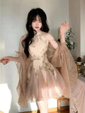 Set Of Women's New Chinese Style 2025 New Splicing Cheongsam Dress To Collect Waist Thin Short Skirt Sunscreen Cardigan