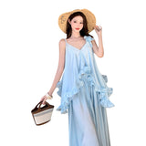 French Super Fairy Three-Dimensional Flowers Lotus Leaf Side Blue Sling Dress Women's Summer Holiday Style Dress Suit