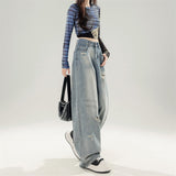 Nostalgic Retro Worn Broad-Legged Jeans Women's Trend New High-Waist Loose-Hanging Mop Trousers