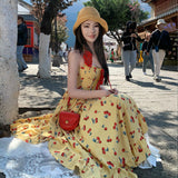 Seaside Holiday Travel To Take Pictures Irregular Open Fork Temperament To Close The Waist Bare Back Yellow Sling Dress Women Summer