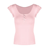 Grey Double Wooden Ear U Collar Small Flying Sleeve T-Shirt Women's Spring Design Sense Slimming Straight Shoulder Coat