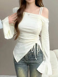 Pure Style Out Of The Shoulder Irregular Design T-Shirt 2026 Autumn New Slim Drawstring Thin Bottom Top
