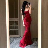 Sexy Bare Lace Embroidery Body-Brick Ass Long Dress Temperament Fishtail Hanging Dress Birthday Dress