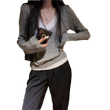 Fake Two New Autumn V-Neck Knitted Shirt Women Design Feel Solid Color Inside The Long Sleeve Bottom Top