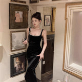 Birthday Dinner Hepburn Style Dress High-End Repair Body Open Fork Diamond Black Velvet Sling Dress Female Long