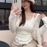 Pure Style Fake Two Long-Sleeved T-Shirt Girls Autumn Dress Inside The Bottom Shirt Design Sense Of Irregular Short Shirt