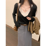 Fake Two New Autumn V-Neck Knitted Shirt Women Design Feel Solid Color Inside The Long Sleeve Bottom Top