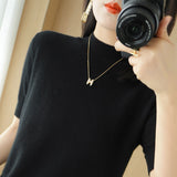 Wool Blended 2026 Autumn And Winter Women's Clothing Loose Half-High Collar Short-Sleeved Jersey T-Shirt