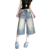Vintage Personality To Do Old Star Print Denim Shorts Women Summer Thin High-Waisted Loose Broad-Legged Seven-Pointed Trousers
