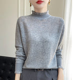 Wool Blended 2026 Autumn And Winter New Women's Lace Splicing Hollow Half-High Collar Knitted Shirt Sweater