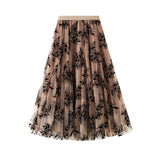 Velvet-Print Yarn Dress Women's Half-Dress Autumn And Winter Long A Word Big Smash Flower Net White Skirt 1819