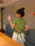 Design Sense Short-Sleeved T-Shirt Women's Summer 2025 New Korean Version Of Pure-Bout Hot Girl Bare Back Bow Short Top Tide