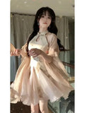 Set Of Women's New Chinese Style 2025 New Splicing Cheongsam Dress To Collect Waist Thin Short Skirt Sunscreen Cardigan
