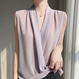 2025 Spring And Summer New Women's V Neck French Cross-Neck Fashion T-Shirt Sleeveless Short Simple Thin Top