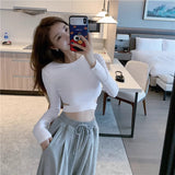 Sexy Lumen Hollow Slimmed-Up Girlins Slimming Design Reveals Short Umbilly Blouse Long-Sleeved Bottom Shirt