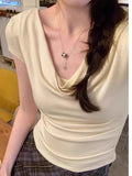 French Top Fashion Design Collar A Word Shoulder T-Shirt Short-Sleeved Girl Summer Repair Hot Girl Tight Shoulder Short