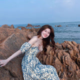 A Word Shoulder Broken Flower Dress Small Sling Dress Seaside Holiday Wearing Sanya Wind Beach Dress Summer