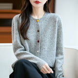 100% Pure Wool 2026 Autumn And Winter New Women's Loose Round Collar Color Buckle Thick Knitted Cardigan Jacket
