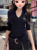 Hottie Style Black V-Neck Mid-Sleeve T-Shirt Girl Spring And Summer New Slim Slim Tops Comfortable Shoulder-To-Shoulder Shirt