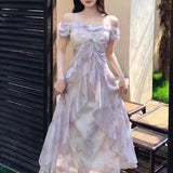 Large-Size French Dress Women's Summer Lotus Leaf Side Sling Skirt Fat Mm Shaded Meat Thin Seaside Vacation Skirt