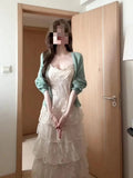 Korean Gentle Wind Two Sets Of Mint Green Hollow Open Shirt + Lace Splicing Cake Skirt Female Fashion Suit