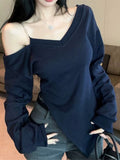 Irregular Opening Fork Inclined Shoulder Long-Sleeved T-Shirt Girl Spring Pure Desire A Word Shoulder-To-Shoulder Shirt Inside The Shoulder Jacket