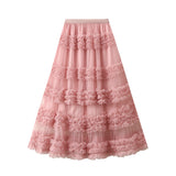 High-End Heavy Industry Lace Cake Skirt Long Skirt Sweet Wind High Waist Wood Ear Net Yarn Skirt 1276