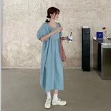 Large-Size Skirt College Style Bubble-Sleeved Dress Bow Female Students In The Long Small A-Shaped Skirt