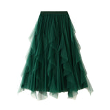 2025 Spring New High-Waisted Lotus Leaf Side Splicing Mesh Dress Half-Dress Woman's Long-Term Large Folding Skirt 0889