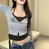 Vintage Design Fake Two Long-Sleeved T-Shirts Girls Early Autumn Hottie Short Hanging Neck Top Bottom Shirt