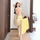 Holiday Style Suit Women's Summer Dopamine Beauty Temperament Yellow Print Blouse Mesh Yarn Bag Hip Skirt