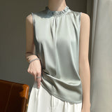 Silk Satin 2026 Summer New Women's Clothing Collar Sleeveless Vest T-Shirt Repair Body With A Half-Sleeve