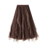 2025 Spring New High-Waisted Lotus Leaf Side Splicing Mesh Dress Half-Dress Woman's Long-Term Large Folding Skirt 0889