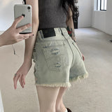 Hole-Hole Denim Shorts Women Summer New High-Rise Slim Back-Haired Hot Babes A Word Wide-Legged Hot Pants