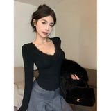 V-Neck Lace Splicing Long-Sleeved T-Shirted Women's Autumn And Winter Hot Girls Pure Desire To Put On The Black Sexy