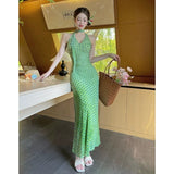 French Wave Dots With Hanging Neck Dress Women's Summer Temperament Green Dress Baged Hip Skirt Holiday Dress