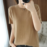 2026 Spring New Pure Cotton Sweat-Sucking T-Shirt Women's Round Collar Collar Head Short-Sleeved Knitwear