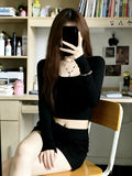 Round-Necked Hottie Shoulder T-Shirt Girl Autumn New Retro Pure Desire To Cultivate Long Sleeves Short Blouse