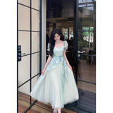 Tea Break French Sweet Fresh Dopamine-Sensitive Dyeing Printing Splicing Mesh Screen To Collect Two Dresses