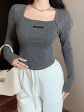 Design Sense Collar Fish Bone Shoulder Long Sleeve Bottom Shirt In Autumn New Korean Version Slim Thin Short Top