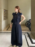 Korean Vintage Little Denim Set Of Female Lapel Clasp Blouse With High-Waist Straight Broad Leg Pants Two Sets