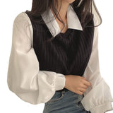 Spring And Autumn New Splicing POLO Collar Fake Two T-Shirt Women's Long Sleeves Loose Thin Bump Collar Blouse Tide