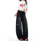 Black Star Print Wide-Legged Scissors Jeans Women Autumn New Niche Design Sense Loose Water Wash Trousers