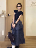 Korean Ins Fashion Short-Sleeved Lattice Dress Feline Dress Felined Summer Temperament Design Sense Multi-Layer Dress Open Fork Cake Dress