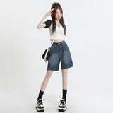 Vintage High-Waisted Denim Shorts Women Summer Small Loose Thin Trousers A Word Straight Five-Point Pants