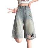 Cement Gray Hole Wide Leg Denim Shorts Female Summer Thin High-Waisted Pear-Shaped Body Hidden Meat Beggar Straight Five-Point Trousers